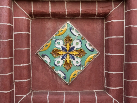Traditional outside wall tile decoration of orthodox church in Yaroslavl, Russiaの写真素材