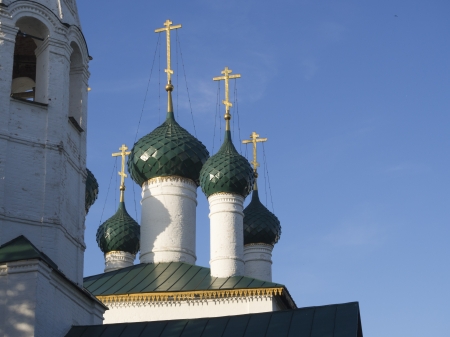 domes and crosses of Russian orthodox Church in Yaroslavlの写真素材