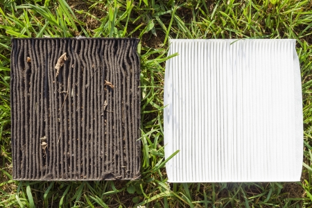 dirty and clean vehicle air filters on the green grassの写真素材