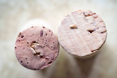 two wine corks detailed top with cracks from corkscrew
