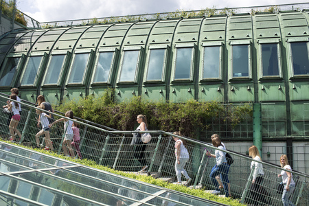 WARSAW - JUNE 12:  many visitors ascending to the famous rooftop garden located on the roof of University Library building in Warsaw, Poland on June 12, 2016.のeditorial素材