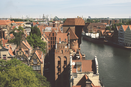 view from above to the old city of Gdansk with  sea channel viewの写真素材