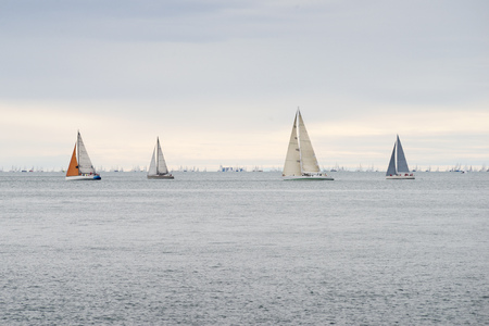 many sea yachts competition  by windy cloudy weatherの写真素材