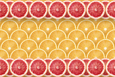 orange slices background with grapefruit stripes on top and bottom, seamless in horizontal direction