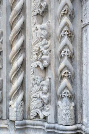 detailed ancient column fragment with marble carving from Venice, Italyの写真素材