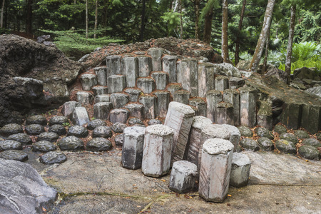prehistoric landscape with  artificial rock formations from famous Singapore Botanical Gardenの写真素材