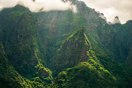 green mountains landscape of Madeira Island by cloudy dayの写真素材