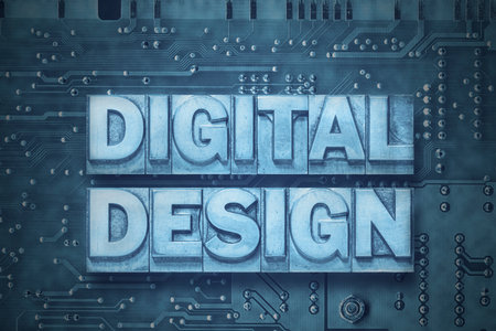 digital design phrase made from metallic letterpress blocks on the pc board backgroundの写真素材