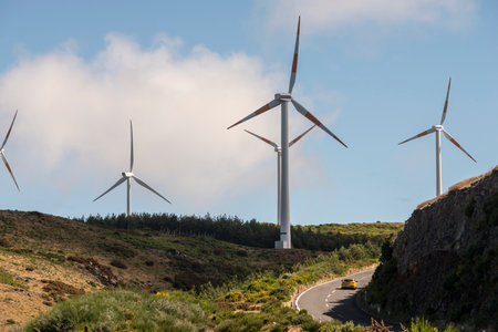 wind turbines landscape from highland area of Madeira Island, Portugalの写真素材