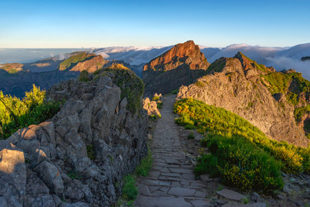 bright morning landscape with mountain trail leading toward Pico Ruivo on Madeira Island, Portugalの写真素材