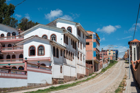 empty street by day in Copacabana town, Boliviaの写真素材
