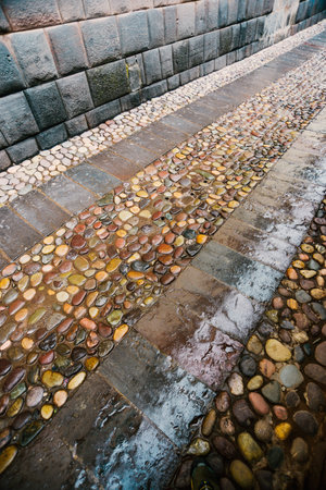 scenic colorful stone pavement in Cusco, Peruの写真素材