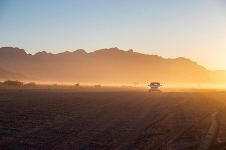 gravel road with distant car by foggy morning in Namibia