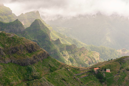 light clouds above Madeira Island mountainsの写真素材