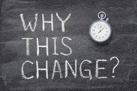why this change question written on chalkboard with vintage precise stopwatchの写真素材