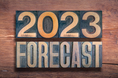 forecast 2023 combined on vintage varnished wooden surfaceの写真素材