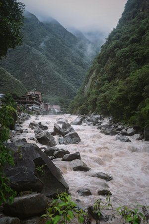 Aguas Calientes town near Urubamba river in Peruの写真素材