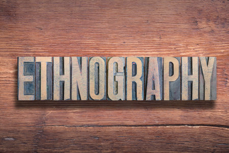 ethnography word combined on vintage varnished wooden surfaceの写真素材