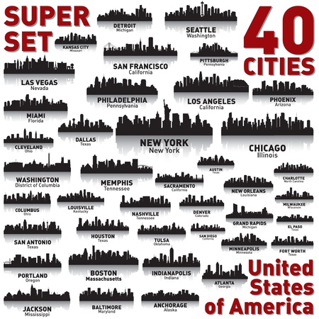 Incredible city skyline set. 40 city silhouettes of United States of Americaのイラスト素材