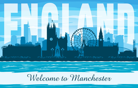 Manchester United Kingdom city skyline vector silhouette illustrationのイラスト素材