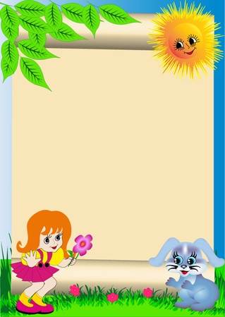 illustration background child with flower and rabbitのイラスト素材