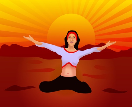 illustration girl sits and smiles on background of the sundown having placed handsのイラスト素材