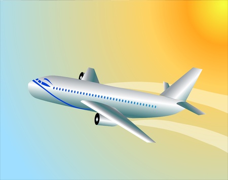  illustration modern plane flying to sky sundownのイラスト素材