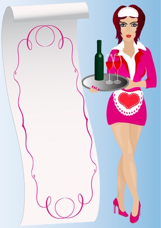  illustration waitress keeps on tray wine and gobletsのイラスト素材