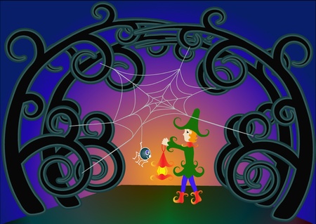  illustration goblin approaches to tree with spiderのイラスト素材