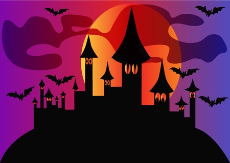 illustration holiday halloween house and bats on background of the moonのイラスト素材
