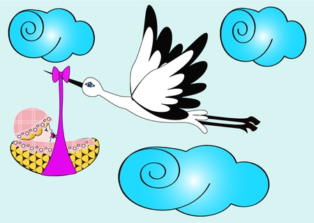illustration stork carries newborn child in skyのイラスト素材