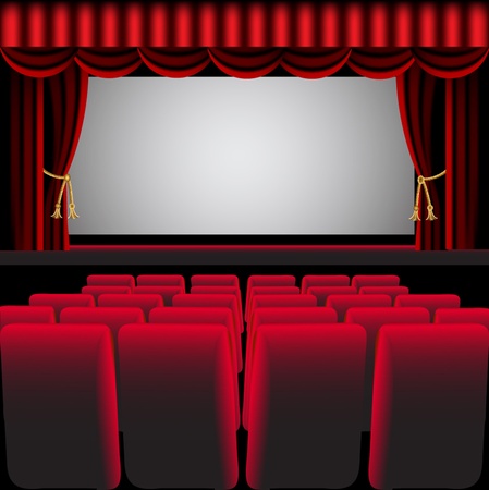 illustration cinema hall with red curtain and easy chair のイラスト素材
