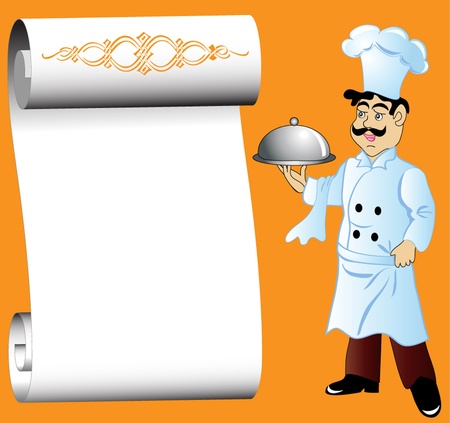 illustration cook with dishes in hand and paper for menu のイラスト素材