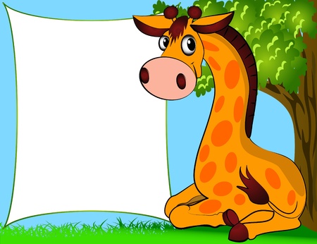 illustration giraffe sitting beside papers and treeのイラスト素材