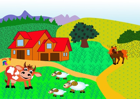 illustration farm with animal by horse by cow, nanny goat and cock のイラスト素材