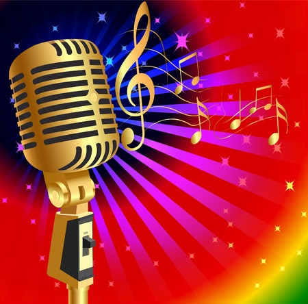 illustration music background with gold(en) mike and noteのイラスト素材