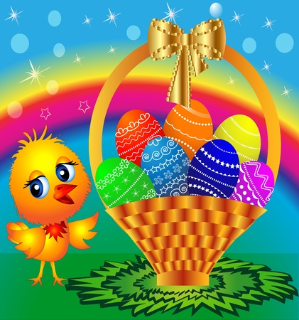 illustration festive basket with painted egg and chickenのイラスト素材