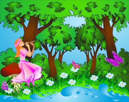 illustration girl plays on music instrument sitting on mushroom in woodのイラスト素材