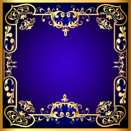  illustration blue frame with vegetable gold(en) patternのイラスト素材