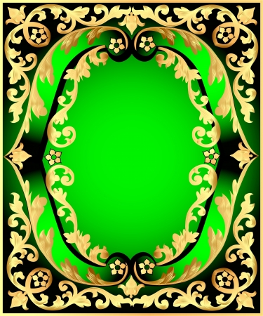  illustration green background with frame with vegetable gold(en) patternのイラスト素材