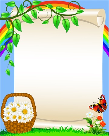 illustration background with flower butterfly and rainbowのイラスト素材