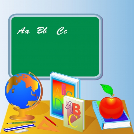 illustrations school board with globe book and appleのイラスト素材
