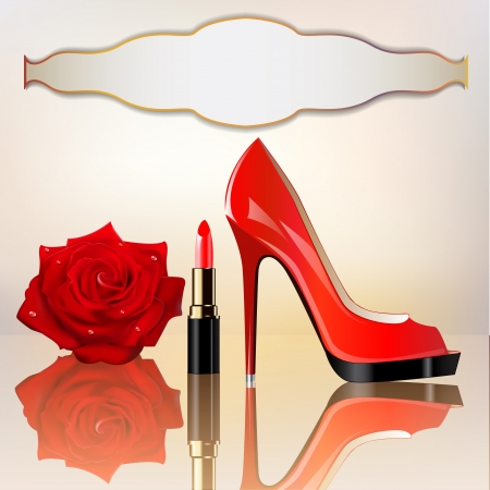 illustration a background for the message with lipstick a shoe and a roseのイラスト素材