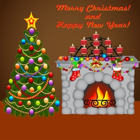 illustration of the Christmas tree, and a fireplace with socks with giftsのイラスト素材