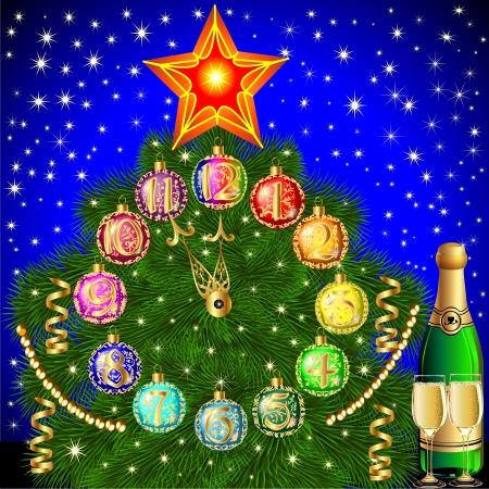 illustration background with Christmas tree balls for hours and champagneのイラスト素材