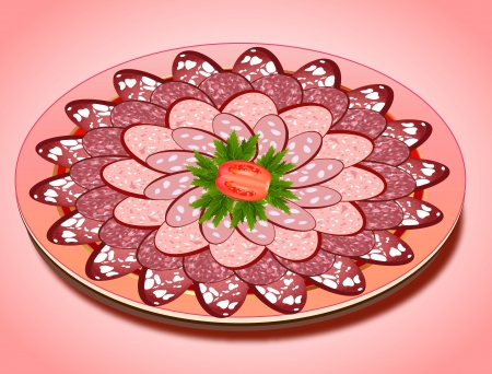 illustration set of sausage slices on a plateのイラスト素材