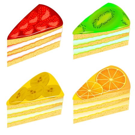 illustration of a set of pieces of cake with kiwi strawberry banana and orangeのイラスト素材