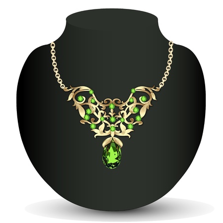 illustration of a necklace with emeralds and precious stones and earringsのイラスト素材