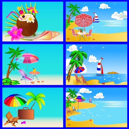 illustration sea beach with palm by sailboat chair and umbrellaのイラスト素材