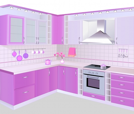 illustration kitchen interior with pink furniture and tilesのイラスト素材